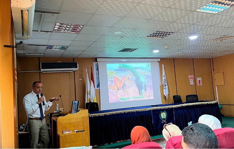 Professor Hesham Sallam gave a lecture about the Mansourasaurus discovery journey at the Second Student Forum for Scientific Research and Innovation at the Faculty of Science, Mansoura University