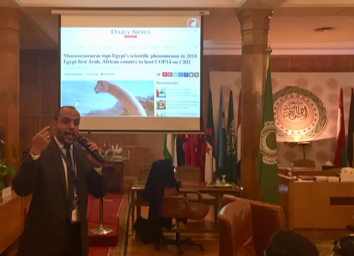 Professor Hesham Sallam at the Arab League Headquarters during the 2nd International Conference, talked about the discovery of Mansourasaurus