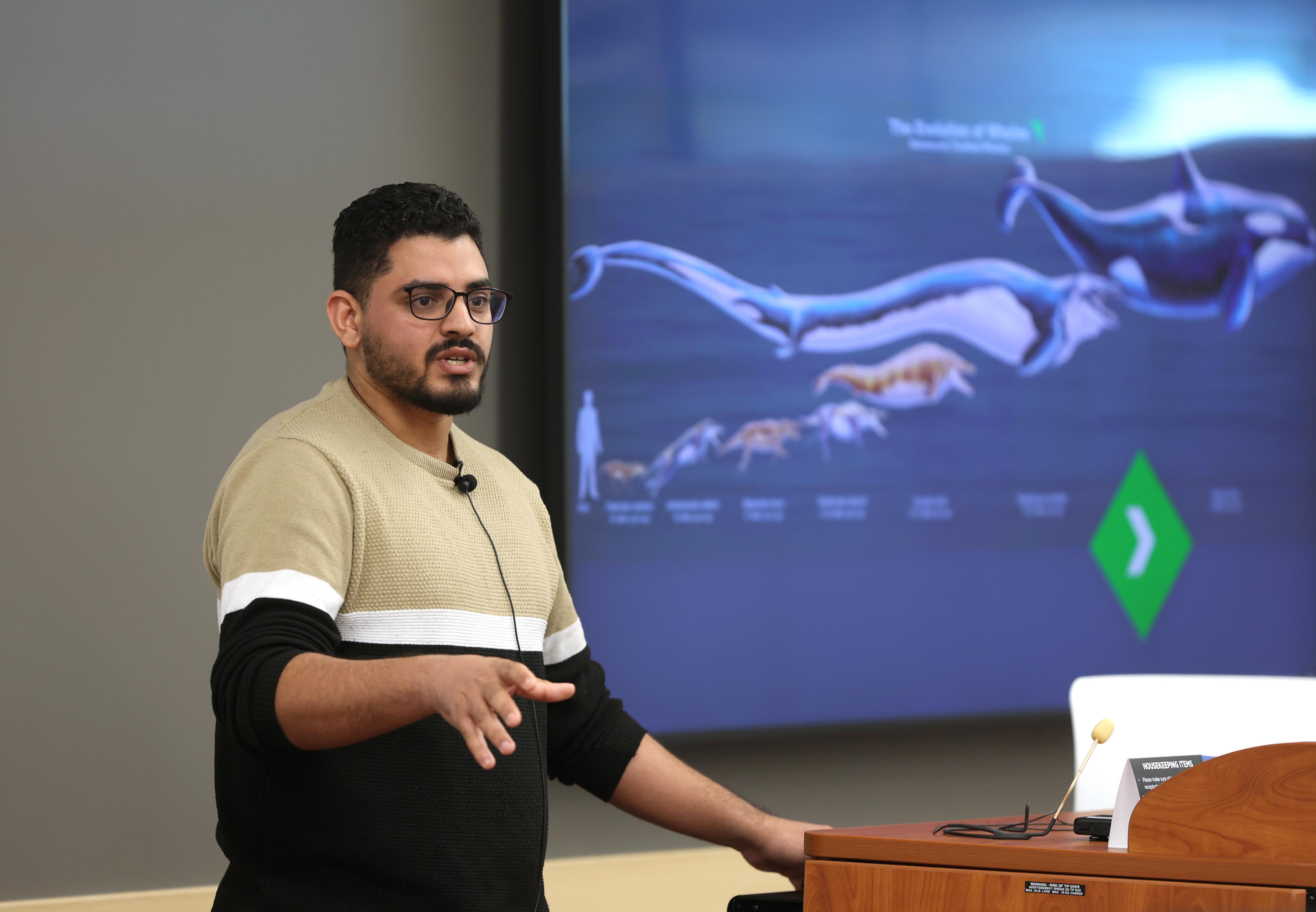 Dr. Abdullah Gohar gave an oral presentation titled ‘Tracing the Bite: Dental Histology and Feeding Evolution in Early Whales’ during the Research Week